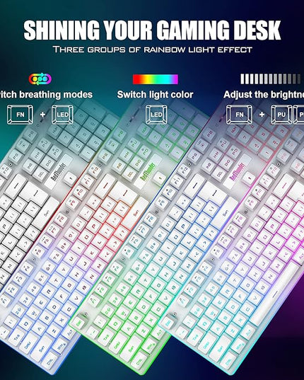 RedThunder K10 Wireless Gaming Keyboard and Mouse Combo, LED Backlit Rechargeable 3800mAh Battery, Mechanical Feel Anti-ghosting Keyboard + 7D 3200DPI Mice for PC Gamer (White)