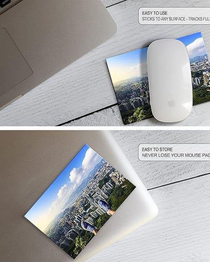 Mouse Pad Travel Size with Adhesive Bottom, Mini Mouse Pad Sticks to Any Surface, Plus Webcam or Camera Privacy Tab Covers and Screen Cleaner (View Point City)