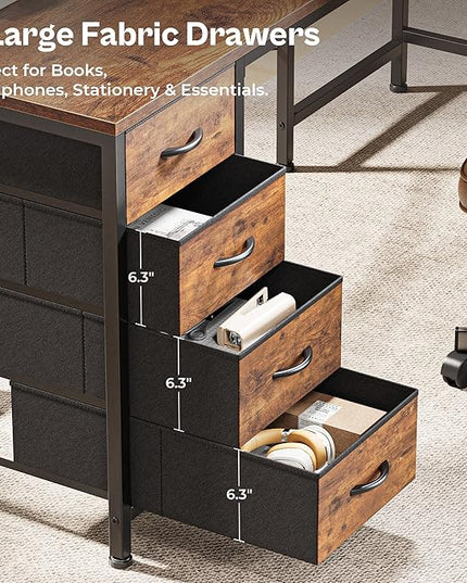 Huuger 63 Inch L Shaped Desk with Fabric Drawers, Computer Office Desk with Power Outlets and USB-C Port, Corner Desk with Storage Shelves, for Gaming Work Study Home Office, Reversible, Rustic Brown
