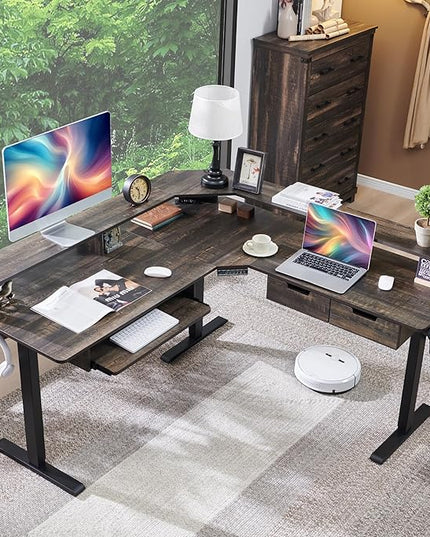 RedLemon L-Shaped Electric Standing Desk, 60 inches Motor Height Adjustable Sit Stand Corner Desk with Led, Large Home Office Desk Computer Workstation, Dark Rustic Oak