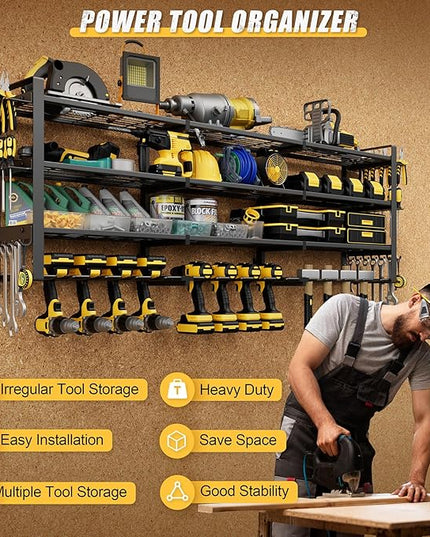 49.4'' Large Power Tool Organizer Wall Mount, 4-Tier Tool Storage Rack with 12 Drill Holders, 600LBS Load Heavy Duty Cordless Tool Shelf for Garage Organization, Gift for Men
