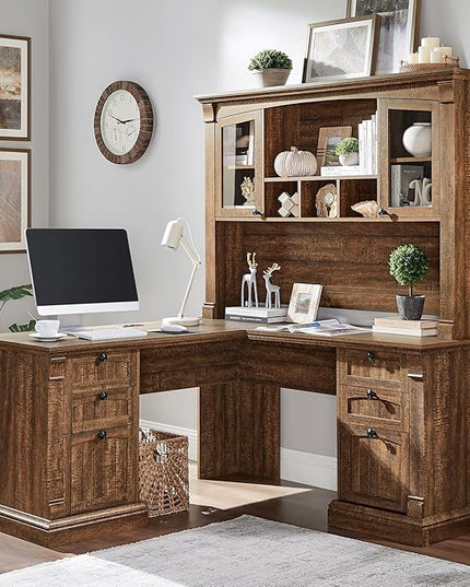OKD 60" L Shaped Executive Desk with Hutch and Drawers, Farmhouse Home Office Desk with Charging Station, File Cabinet Storage, Wood Corner Computer Desk for Work and Study, Reclaimed Barnwood