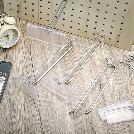 Tandefio 100 Pack 8 Inch Black Metal Peg Board Hooks with Clear Plastic Label Holder Stainless Steel Display Pegboard Hooks for 1/8'' to 1/4'' Pegboard Wall for Garage Storage Retail Shop Supplies
