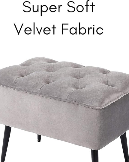 BIRDROCK HOME Tufted Rectangle Grey Ottoman – Velvet Foot Stool – Mid Century Modern Steel Legs - Soft Compact Padded Stool - Living Room or Bedroom – Vanity Chair - Decorative Furniture