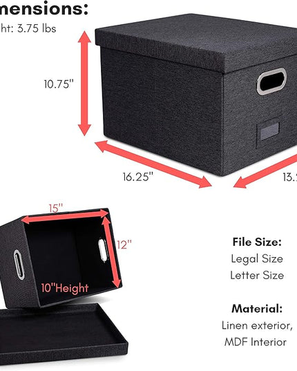 Internet's Best Collapsible File Storage Organizer with Lid - Decorative Linen Filing & Storage Office Box – Hanging Letter/Legal Folder – Home Office Bins Cabinet – Charcoal Container - 6 Pack