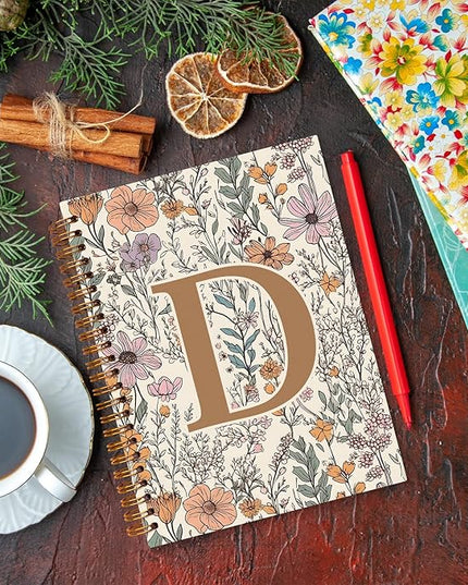 JXREQ Vintage Boho Floral Personalized Notebook, Initial Letter D Notebook Journal, Monogram Notebook, Monogrammed Gifts for Women, Boho Office Supplies, Flower Spiral Notebook 5.5x8.3
