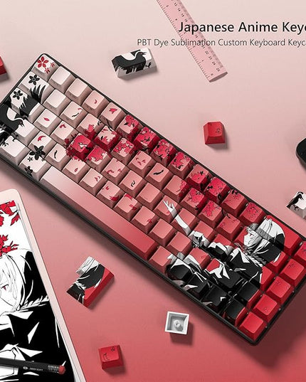 Rainy Japanese Anime Keycaps Shine Throgu Key Caps,Cherry Keycaps130 Keys PBT Dye Sublimation Custom Keycaps Set for Mechanical Keyboard 61/64/75/84/87/104/108 Layout with Key Puller (Red)