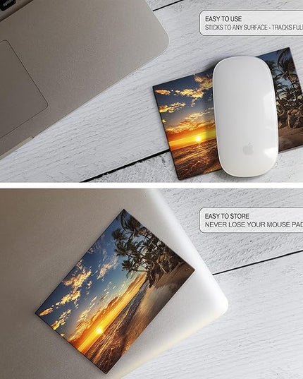 Mouse Pad Adhesive Bottom - Sticks to Any Surface - Portable - Webcam Covers and Screen Cleaner Included (2 Pack - Beach Set)