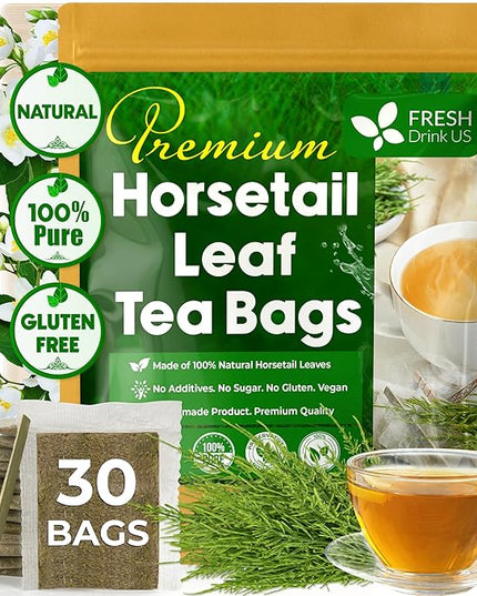 FreshDrinkUS, Premium 30 Horsetail Leaf Tea Bags, 100% Natural & Pure from Horsetail Loose Leaves Herbal Tea. Made with Natural Material Tea Bags. No Sugar, No Caffeine, No Gluten, Vegan.