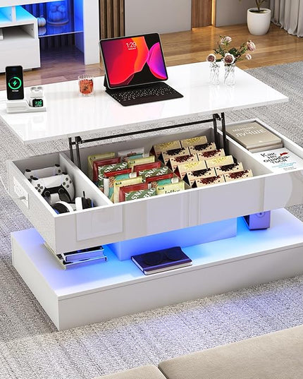 39.4" Large Lift Top Coffee Table,Modern High Glossy LED Coffee Tables for Living Room with Storage,Black Living Room Tables for Living Rooms,Dining Room,Bedroom Home Office,APP LED Lights（White）