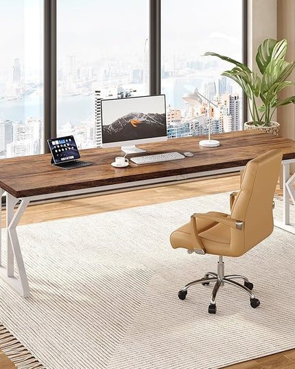 LITTLE TREE 78.7 Inch Large Executive Desk, Modern Computer Office Desk, Wooden Writing Desk Study Table for Home Office, Rustic Brown-White