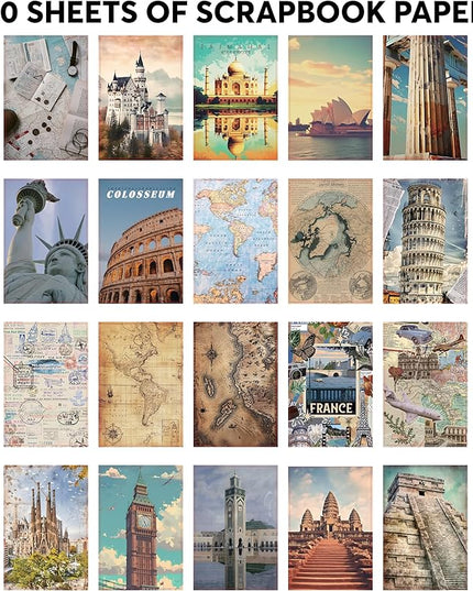 Fayware 300+ Travel Stickers for Scrapbooking & 20 A5 Papers - Pre-Cut Washi Stickers for Journaling, Vintage Travel Scrapbooking Supplies, Junk Journals Stickers