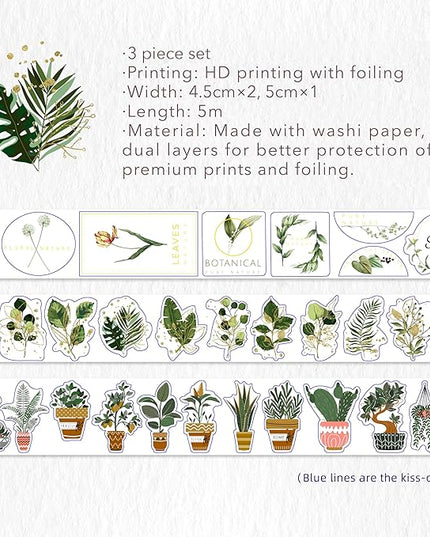 WT Green Oasis Washi Sticker Set, 3 Rolls, Original Designs, Pastel Decorative, Plants Sticker, Gold Foil, Bujo Planner Supplies, DIY Paper Stickers