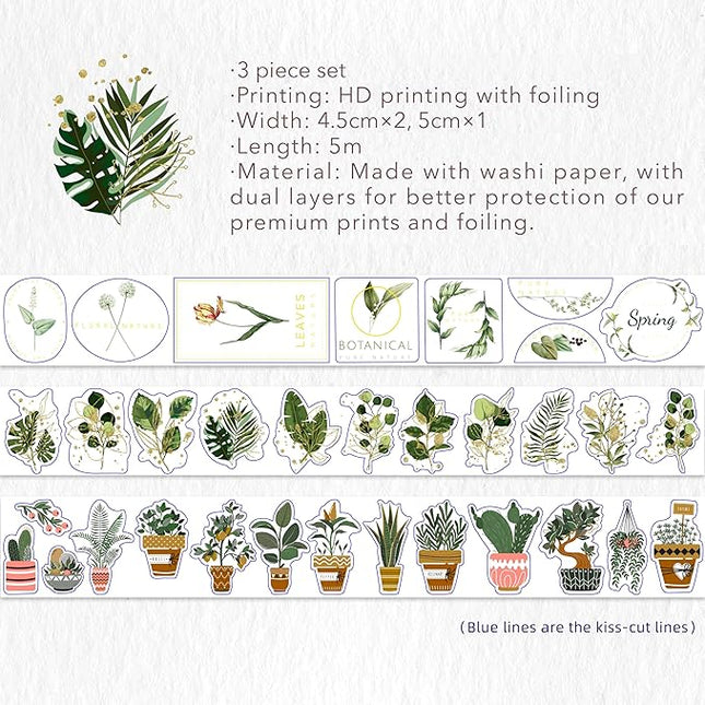 WT Green Oasis Washi Sticker Set, 3 Rolls, Original Designs, Pastel Decorative, Plants Sticker, Gold Foil, Bujo Planner Supplies, DIY Paper Stickers