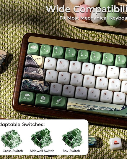 OHY XVX MOA Profile Keycaps Set, Japanese Mount Fuji Theme, 129 - Key White & Green Custom Keycaps with PBT + Frosted Translucent PC Material for US Layout Mechanical Keyboards