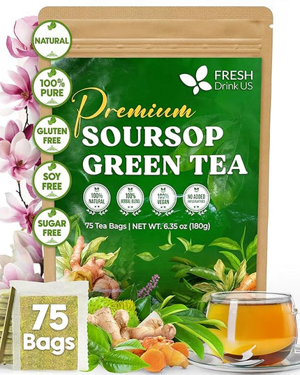 FreshDrinkUS, Premium 75 Tea Bags Soursop Green Tea, 100% Natural & Proprietary Blend from Soursop Leaves and Green Tea. Smooth Flavor. Made with Eco-Conscious Tea Bags. No Additives No Sugar, Vegan.