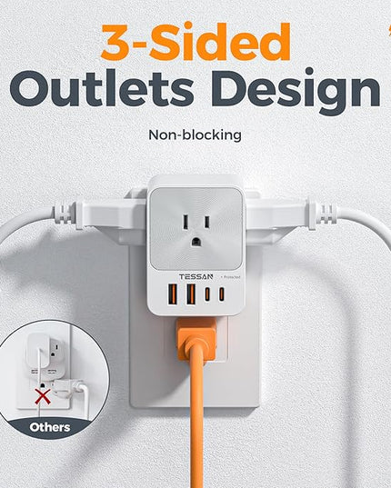 USB C Charger Block 20W PD, TESSAN 4 USB Wall Charger Fast Charging with 3 Outlet Extender Surge Protector, 3 Side Multi Port Adapter, Electric Multiple Outlet Plug for Home Office Dorm Room