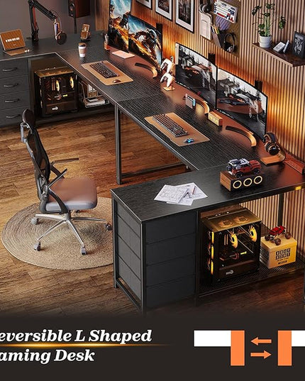 PRAISUN 61" L Shaped Desk with Power Outlets and USB-C Port, Reversible Computer Corner Office Desk with 4 Fabric Drawers and 2 Height-Adjustable Shelves, Large for Gaming Writing Work Study，Black