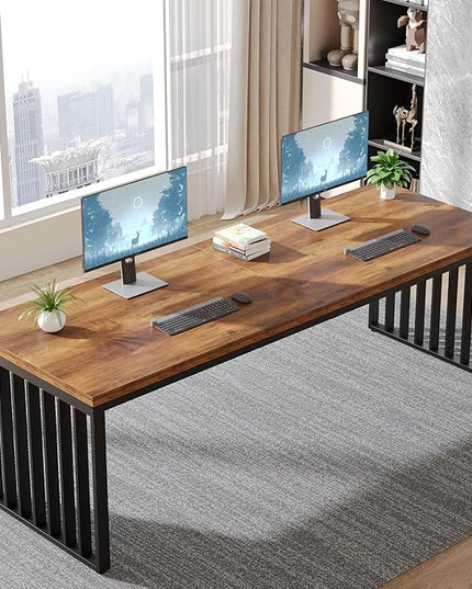 Tribesigns 78.74" Extra Long Computer Desk for 2 Person, Double Long Desk with Heavy Duty Metal Frame, Double Workstation Study Table for Home Office (Without Chair) (Brown & Black)