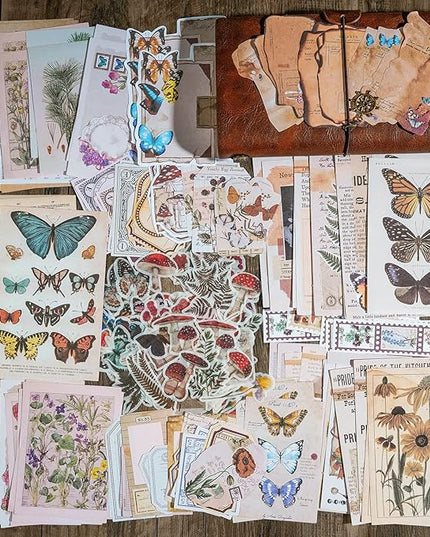 Knaid Vintage Scrapbook Supplies Pack (200 Pieces) for Junk Journal Bullet Journals Planners Botanical Paper Stickers Craft Kits Aesthetic Cottagecore Collage Album (Nature)