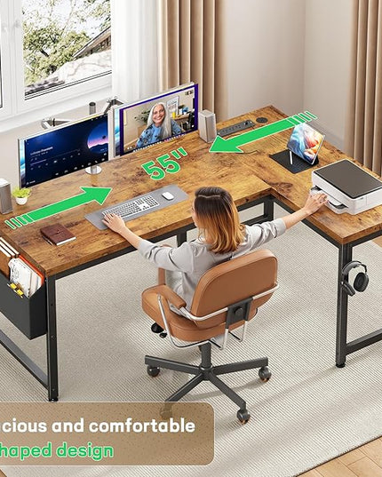 L Shaped Desk with 0.95 Inch Thicker Desktop & Storage Bag, Computer Desk with Power Outlets & Lights, Reversible Gaming Desk for Home Office, Corner Desk, Study Room, Living, Bedroom, Brown