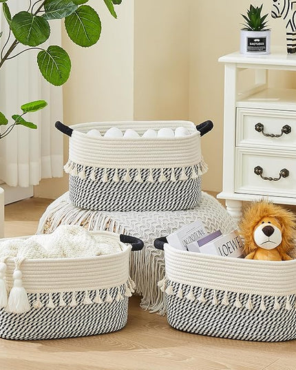 Storage Bins Woven Baskets for Storage Set of 3, Cotton Rope Basket with Handles for Toys/Shelves/Laundry, Rectangle Multi-Purpose Organizer for Living Room, Bedroom, Nursery (White/Black)