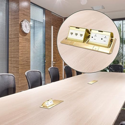 ENERLITES Dual Pop-Up Floor Box Kit, 8.68" X 4.75" Cover, 20A Tamper-Weather Resistant Receptacle Outlets, RJ45 Data Ports, Watertight Gasket, Corrosive Resistant Hardware, Brass (962301-C-D)