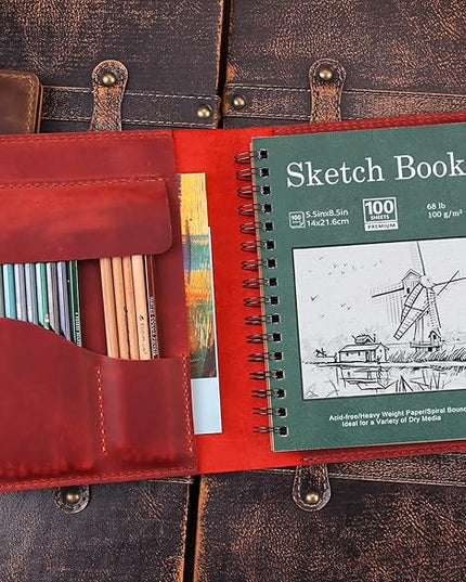 Robrasim Handmade Leather Sketchbook Cover, Leather Artist Sketch Pad Cover for 5.5" x 8.5" Sketchbook, Drawing Book and Pencil Case, Journal Notebook Portfolio, Artis Gifts-Wine