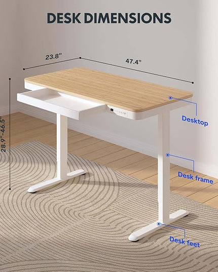 FLEXISPOT Comhar Electric Standing Desk with Drawer Desktop & Adjustable Frame w/USB Charge Ports (Bamboo-Look Laminate/White, Wood)