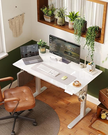 INNOVAR Glass Standing Desk with Drawers, 48×24 Inch Adjustable Stand Up Desk Quick Install Home Office Computer Desk, White