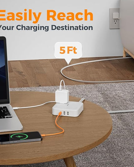 Surge Protector Flat Extension Cord 5FT, TESSAN Flat Plug Power Strip with 4 Outlets 3 USB C Ports (1 USB C), 900 Joules Protection, Multiple Wall Outlet Extender Suitable for Home Office Dorm, White