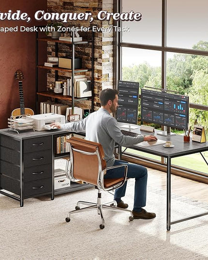 PRAISUN 61" L Shaped Desk with Power Outlets and USB-C Port, Reversible Computer Corner Office Desk with 4 Fabric Drawers and 2 Height-Adjustable Shelves, Large for Gaming Writing Work Study, Grey