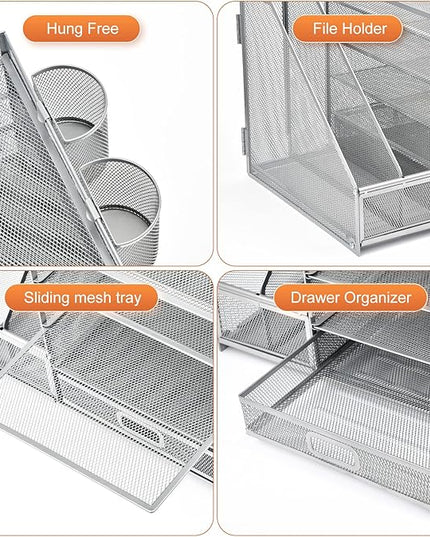 Marbrasse Desk Organizer with File Holder, 5-Tier Paper Letter Tray Organizer with Drawer and 2 Pen Holder, Mesh Desktop Organizer and Storage with Magazine Holder for Office Supplies (Silver)