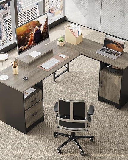 Bestier L Shaped Desk with File Drawers, 63" x 47" Office Computer Desk with Storage Cabinet, Corner Desk with Monitor Stand & Modesty Panel for Home Office, Gray