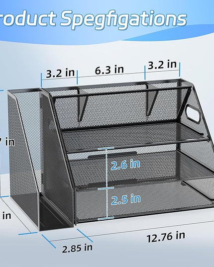 Docnest 3 Tier Metal Mesh Desk Organizer - Letter Tray with Built-in Pen Holder & Handle, Black