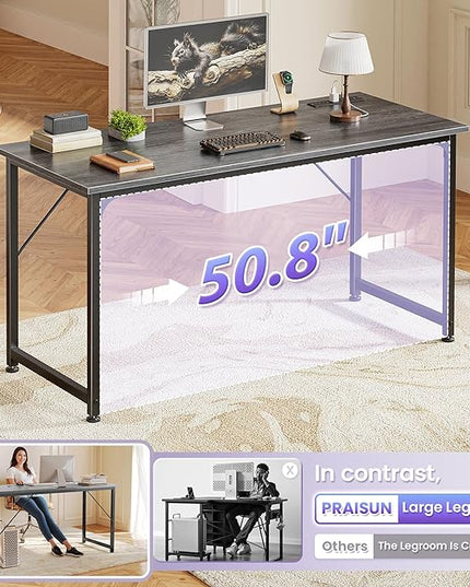 PRAISUN 54 X 20 Inch Office Computer Desk with Power Outlets and USB-C Port, Larger and Longer Gaming Desk, for Home Office, Study, Bedroom, Writing Work from Home Table, Metal Frame, Grey
