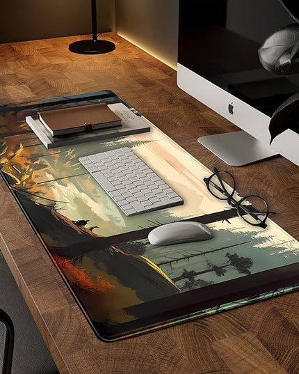 Desk Mat Gaming Desk Pad Valleys, Forest Mouse Pad XXL Extended Large Mouse and Keyboard Mat, Computer Desktop Mat with Non-Slip Base & Stitched Edges, Aesthetic Nature Desk Decor 31.5" x 15.7"