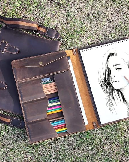 Robrasim Handmade Leather Sketchbook Cover, Artist Sketch Pad Holder for 9"X12" Top Spiral Bound Sketchbook, Drawing Book Pencil Case, Journal Portfolio with Shoulder Strap, Artist Gifts,Brown