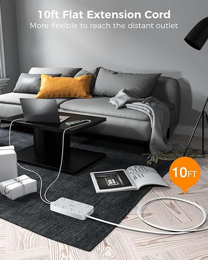 Power Strip Surge Protector 10 FT, TESSAN Flat Plug Extension Cord with 8 Outlets 3 USB Ports(1 USB C), 1080Joules Wall Mountable Multi Port Charging Station for Home Office Dorm Room Essentials