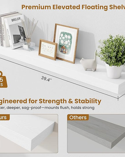 Fun Memories 40 Inch Floating Shelves, Long Wood Wall Shelf Set of 2 with Invisible Brackets, for Bathroom, Living Room, Bedroom, Kitchen, White