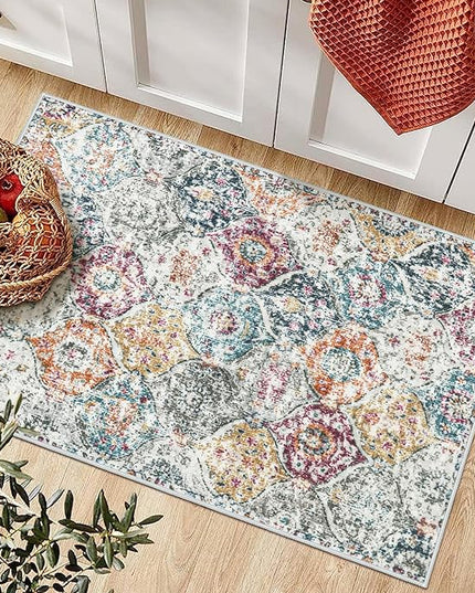 Lahome Moroccan Trellis Entryway Rug, 2x3 Kitchen Rugs Non Slip Washable, Non-Slip Indoor Door Mat Ultra-Thin, Small Throw Carpet for Bathroom Bedroom Entry, Aqua/Multi