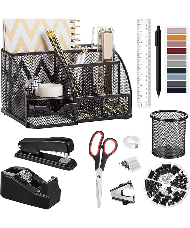 Black Office Desk Accessories Supplies, 12pcs Desk Organizers and Accessories with Tape dispenser and Stapler,Staples,Staple Remover,Pen Holder,Scissor,Ruler,Sticky Tabs,Tape,Ballpoint Pen,Clips Set