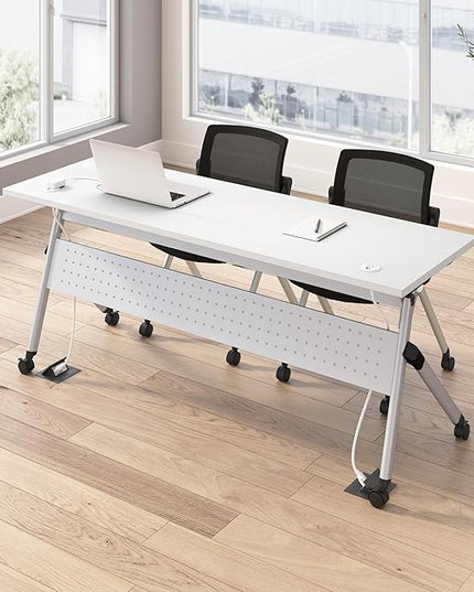 Bush Business Furniture Folding Training Table Set for 2, 72 inch Desk with Powered Grommets and 2 Chairs, Commercial-Grade Bundle for Office or Classroom, Envision Collection, White
