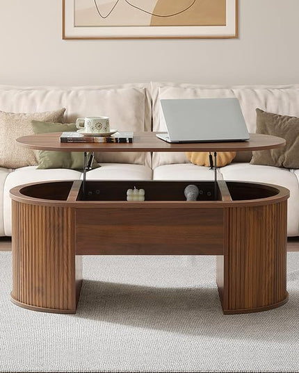 QHITTY Fluted Coffee Table with Lifting Top, Oval Wood Lift Top Coffee Table with Hidden Compartment, Mid Century Pull up Center Tables for Living Room, Office - Walnut