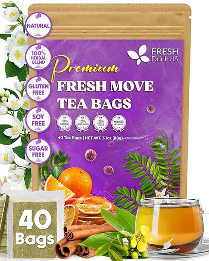 FreshDrinkUS, Fresh Move Tea – 40 Tea Bags - Herbal Tea Blend with Senna Leaves, Cinnamon, Orange Peel, Ginger & More – Caffeine-Free, Natural Ingredients – Smooth Flavor for Everyday Enjoyment