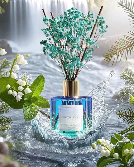 COCORRÍNA Reed Diffuser - Niagara Falls 6.7 Fl.oz Reed Diffuser Set with 8 Sticks & Preserved Baby's Breath, Reed Diffuser for Home Bathroom Shelf Decor
