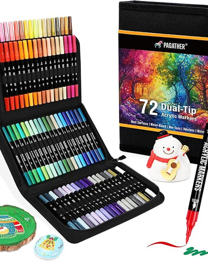 72 Colors Acrylic Paint Markers, Dual Tip with Fine Tip and Brush Tip Pens for Stone, Wood, Calligraphy, Canvas, Ceramic, Metal, Glass, Rock Painting, DIY Crafts Art Supplies Kit