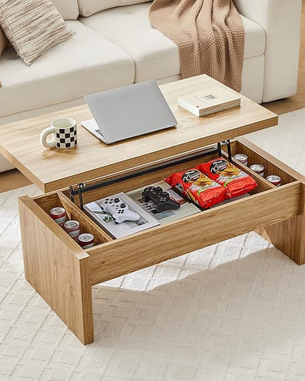 Small Lift Top Coffee Table, Wood Rectangle Coffee Table with Lifting Top and Hidden Storage Compartment, Mid Century Modern Center Tables for Small Space, Living Room, Office (Natural)