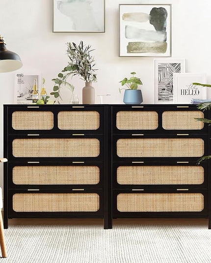LEVNARY 4 Drawer Dresser Set of 2, Rattan Dressers Storage Cabinet with Metal Handles, Wooden Chest of Drawers Dresser for Bedroom, Entryway, Living Room, Hallway (2, Black)