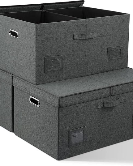 75 Quarts Extra Large Decorative Storage Bins with Lids, 3 Packs Dark Gray Collapsible Storage Bins with Lids, Stackable Storage Bins Decorative Box Storage With Lid Extra Large